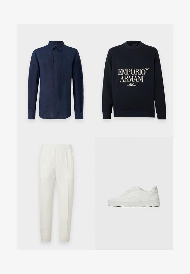 Felpa blu navy con maniche lunghe, scollo rotondo e tessuto dalla trama liscia. Presenta il logo bianco "EMPORIO ARMANI" e "Milano" sul davanti.; Camicia a maniche lunghe blu navy in lino. Presenta un colletto classico, una patta con bottoni frontale e un tessuto testurizzato con una vestibilità rilassata.; Pantaloni bianchi slim-fit con una fascia elastica in vita, caratterizzati da due tasche laterali e una texture liscia e leggermente lucida.; Sneaker in pelle bianca con una finitura liscia, punta rotonda, lacci piatti e suola testurizzata. Presenta un logo discreto sul tallone.