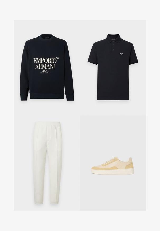 Tmavomodrá mikina s dlhými rukávmi, okrúhlym výstrihom a hladkou textúrou látky. Na prednej strane je biely nápis "EMPORIO ARMANI" a logo "Milano".; Námornícka polokošeľa s klasickým golierom, zapínaním na tri gombíky a vyšívaným logom na hrudi. Vyrobená z bavlny, s krátkymi rukávmi.; Biele úzke nohavice s elastickým pásom, obsahujúce dve bočné vrecká a hladkú, mierne lesklú textúru.; Tenisky z jemnej žltej semišovej a koženej látky, s polstrovanou podrážkou a prešitými akcentmi. Klasický dizajn na šnurovanie s okrúhlou špičkou.