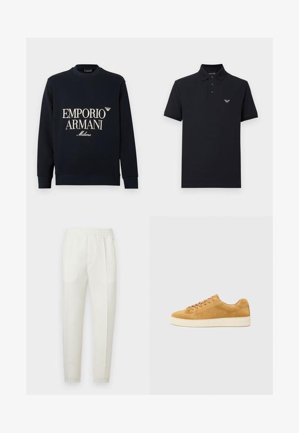 Tmavě modrá mikina s dlouhými rukávy, kulatým výstřihem a hladkou texturou látky. Na přední straně je bílý nápis "EMPORIO ARMANI" a logo "Milano".; Námořnicky modré polo tričko s klasickým límečkem, tříknoflíkovou légou a vyšívaným logem na hrudi. Vyrobeno z bavlny, s krátkými rukávy.; Bílé kalhoty úzkého střihu s elastickým pasem, vybavené dvěma bočními kapsami a hladkou, mírně lesklou texturou.; Světlé nubukové tenisky s nízkým profilem, kulatou špičkou a šněrováním. Krémová gumová podrážka s jemnou texturou a minimálními detaily.