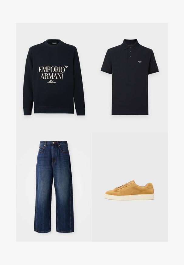 Tumši zils džemperis ar garām piedurknēm, apaļu kaklu un gludu auduma tekstūru. Priekšpusē ir baltas "EMPORIO ARMANI" un "Milano" logotipi.; Tumši zils polo krekls ar klasisku apkakli, trīs pogu aizdari un izšūtu logo uz krūtīm. Izgatavots no kokvilnas, ar īsām piedurknēm.; Tumši zila plata kāju džinsi, izgatavoti no denima. Iespējo CLASSIC vidukļa daļu ar jostu cilpiņām, priekšējām kabatām un taisnu siluetu.; Karma smilšu krāsas zamša kedas ar zemu profilu, apaļu purngalu un sasienamu priekšpusi. Bēša gumijas zole ar smalku tekstūru un minimālu apdari.