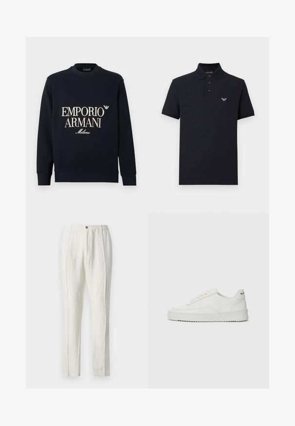 Sweat-shirt bleu marine à manches longues, col rond, et texture de tissu lisse. Présente un logo blanc "EMPORIO ARMANI" et "Milano" sur le devant.; Polo bleu marine à col classique, patte de boutonnage à trois boutons et logo brodé sur la poitrine. Confectionné en coton, avec des manches courtes.; Pantalon en lin blanc à coupe décontractée, avec taille élastique à cordon, deux plis à l'avant et jambes droites. Texture lisse et design minimal.; Baskets en cuir blanc avec une finition lisse, bout arrondi, lacets plats et semelle texturée. Présente un logo discret sur le talon.