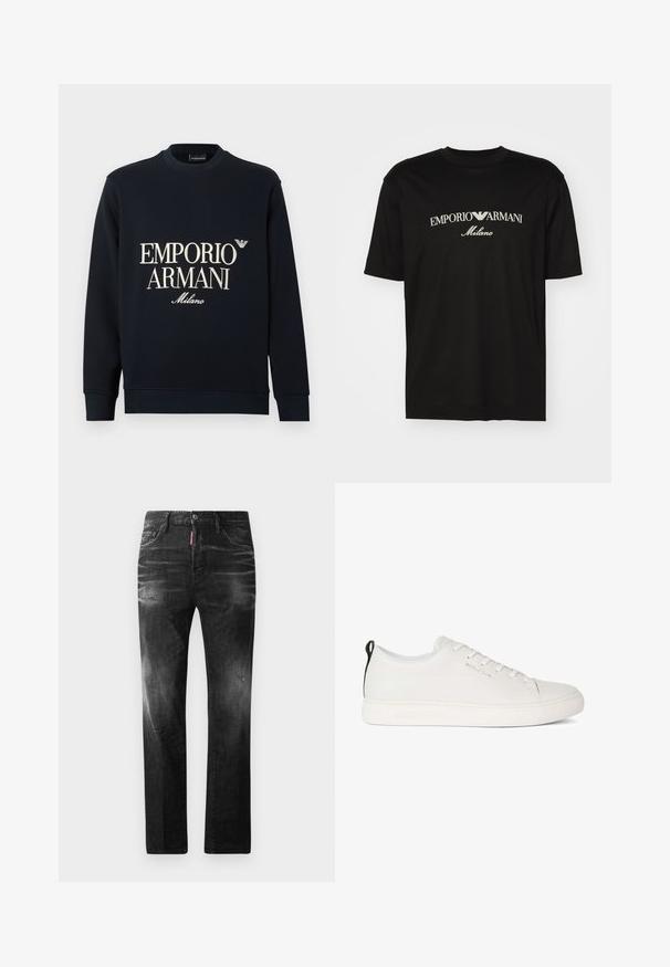Tmavomodrá mikina s dlhými rukávmi, okrúhlym výstrihom a hladkou textúrou látky. Na prednej strane je biely nápis "EMPORIO ARMANI" a logo "Milano".; Čierne bavlnené tričko s okrúhlym výstrihom, krátkymi rukávmi a bielym logom "EMPORIO ARMANI" nad textom "Milano" v zakrivenej línii.; Čierne denimové džínsy so štandardným strihom. Obsahujú vyblednuté oblasti, drobné opotrebenie, klasický dizajn s piatimi vreckami a zapínanie na gombík.; Biele kožené tenisky s okrúhlou špičkou, plochou gumovou podrážkou a tónovým prešívaním. Obsahuje šnurovací predok a čierny slučkový ťahák na päte.