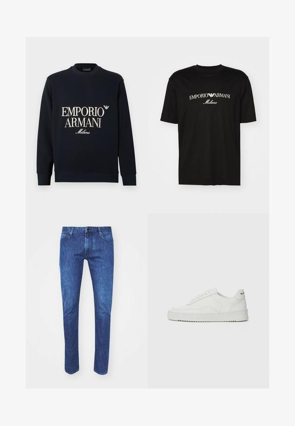 Sweatshirt azul-marinho de mangas compridas, com gola redonda e textura de tecido suave. Apresenta o logótipo branco "EMPORIO ARMANI" e "Milano" na frente.; T-shirt de algodão preta com gola redonda, mangas curtas e o logo "EMPORIO ARMANI" em branco acima de "Milano" num design curvo.; Jeans de ganga azuis com um corte reto, fecho de botão, cinco bolsos e costuras em contraste. O tecido apresenta um tom lavado médio com um leve desgaste.; Sapatilha de couro branco com acabamento suave, bico redondo, atacadores planos e uma sola texturizada. Apresenta um logotipo discreto no calcanhar.