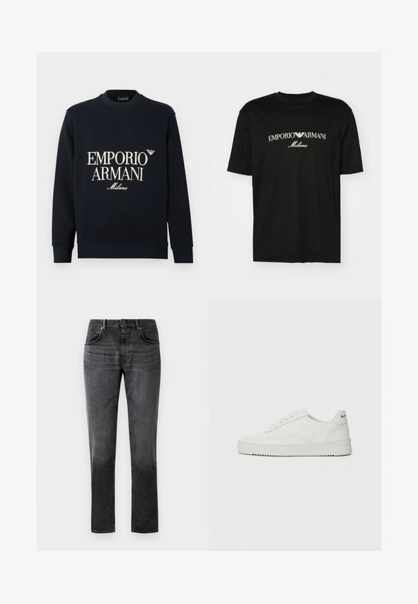 Tamsiai mėlynas džemperis su ilgomis rankovėmis, apvalia iškirpte ir lygia audinio tekstūra. Priekyje yra baltas „EMPORIO ARMANI“ ir „Milano“ logotipas.; Juodas medvilninis marškinėliai su apvaliu iškirpu, trumpomis rankovėmis ir baltu "EMPORIO ARMANI" logotipu virš "Milano" kreivame dizaino.; Juodi džinsai su tiesiu kirpimu, penkių kišenių dizainu ir švelniu išblukimu. Savybės: sagos uždarymas ir diržo kilpos. Lygi tekstūra.; Balti odiniai sportiniai bateliai su lygia apdaila, apvaliu pirštu, plokščiais raišteliais ir tekstūruotu padu. Pasižymi subtiliu logotipu ant kulno.