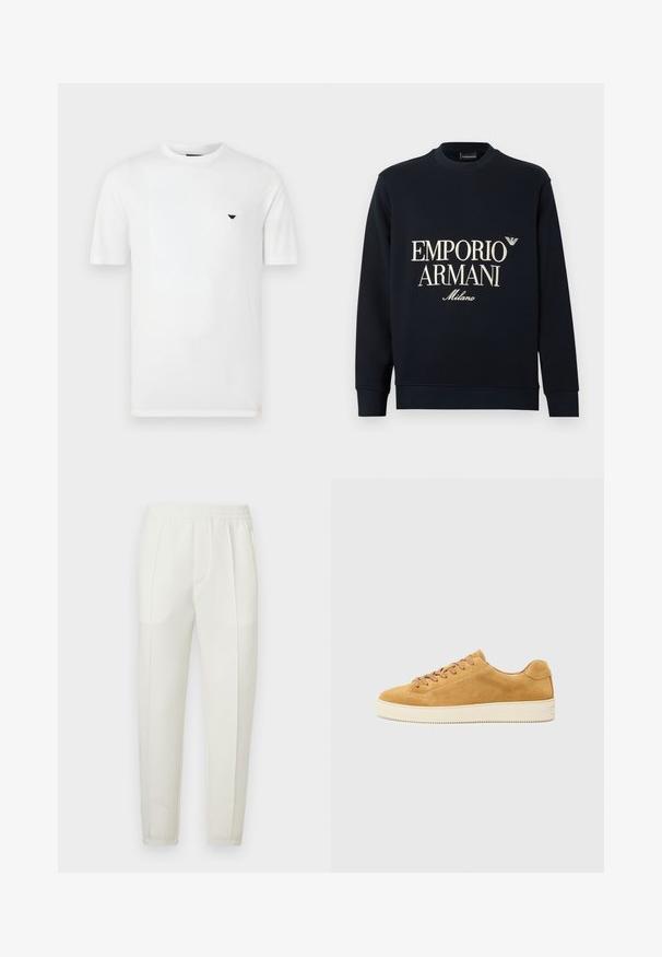 Navy sweatshirt with long sleeves, crew neck, and a smooth fabric texture. Features white "EMPORIO ARMANI" and "Milano" logo on the front.; White cotton t-shirt with a round neck and short sleeves. Features a small black logo on the left chest. Smooth texture, casual fit.; White slim-fit pants with an elastic waistband, featuring two side pockets and a smooth, slightly shiny texture.; Tan suede sneaker with a low profile, round toe, and lace-up front. Cream rubber sole with subtle texture and minimal detailing.