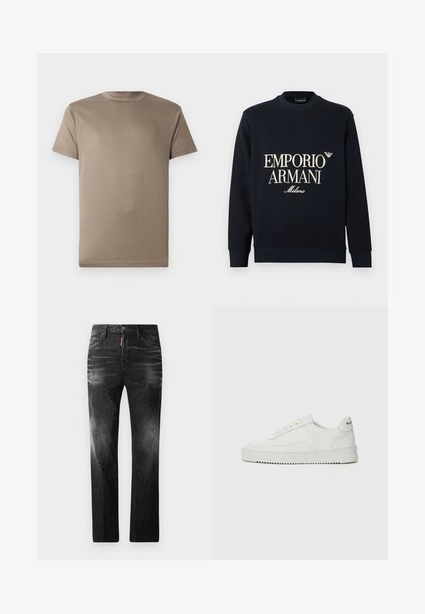 Tamsiai mėlynas džemperis su ilgomis rankovėmis, apvalia iškirpte ir lygia audinio tekstūra. Priekyje yra baltas „EMPORIO ARMANI“ ir „Milano“ logotipas.; Šviesiai ruda trumpomis rankovėmis marškinėliai, pagaminti iš lygios medžiagos, su apvaliu iškirpimu ir be raštų ar matomų detalių.; Juodi džinsai su tiesiu kirpimu. Spalvoti svyrantys plotai, šiek tiek sugadinti, klasikinis penkių kišenių dizainas ir mygtuko uždarymas.; Balti odiniai sportiniai bateliai su lygia apdaila, apvaliu pirštu, plokščiais raišteliais ir tekstūruotu padu. Pasižymi subtiliu logotipu ant kulno.