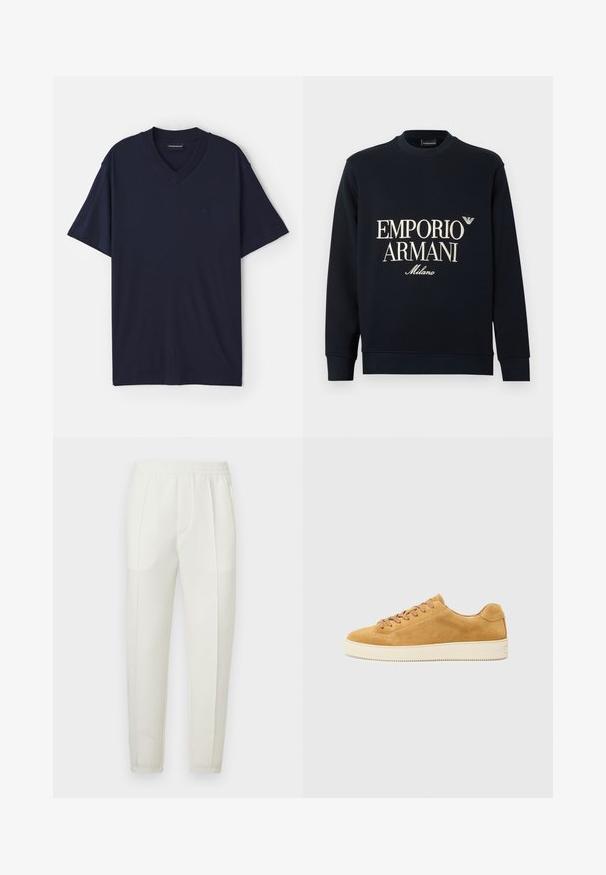 Μπλε σκούρο φούτερ με μακριά μανίκια, στρογγυλή λαιμόκοψη και λεία υφή υφάσματος. Φέρει λευκό λογότυπο "EMPORIO ARMANI" και "Milano" στο μπροστινό μέρος.; Ναυτικός μπλε T-shirt V με μαλακό βαμβακερό ύφασμα. Κοντά μανίκια με διακριτική λεπτομέρεια λογότυπου στο αριστερό στήθος. Καθαρός, απλός σχεδιασμός.; Λευκό στενό παντελόνι με ελαστική μέση, με δύο πλαϊνές τσέπες και ομαλή, ελαφρώς γυαλιστερή υφή.; Χαμηλού προφίλ γκρι σουέτ αθλητικά παπούτσια με στρογγυλή μύτη και κορδόνια. Κρέμα λαβή από καουτσούκ με διακριτική υφή και ελάχιστες λεπτομέρειες.