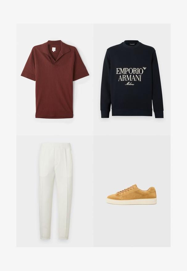 Tumši zils džemperis ar garām piedurknēm, apaļu kaklu un gludu auduma tekstūru. Priekšpusē ir baltas "EMPORIO ARMANI" un "Milano" logotipi.; Burgundijas polo krekls ar ribotu tekstūru, īsām piedurknēm, norādītu apkakli un nelielu zilu logo akcentu uz kreisās piedurknes.; Baltas slaidas bikses ar elastīgu jostasvietu, kurām ir divas sānu kabatas un gluda, nedaudz spīdīga tekstūra.; Karma smilšu krāsas zamša kedas ar zemu profilu, apaļu purngalu un sasienamu priekšpusi. Bēša gumijas zole ar smalku tekstūru un minimālu apdari.