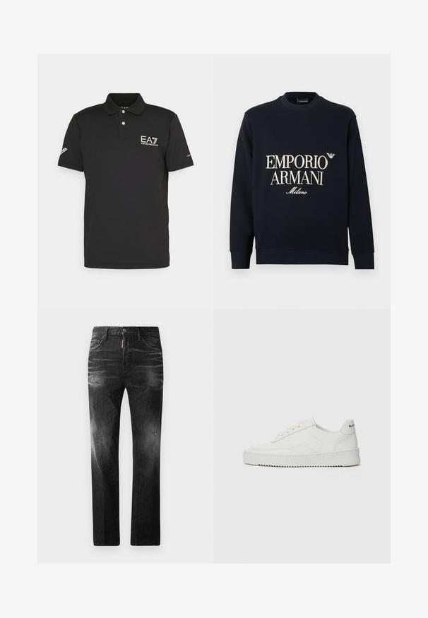 Tamsiai mėlynas džemperis su ilgomis rankovėmis, apvalia iškirpte ir lygia audinio tekstūra. Priekyje yra baltas „EMPORIO ARMANI“ ir „Milano“ logotipas.; Juodas polo marškinėliai, pagaminti iš lygaus audinio, su dviem sagomis, EA7 logotipu ant krūtinės ir ventiliuojamu dizainu rankovėje.; Juodi džinsai su tiesiu kirpimu. Spalvoti svyrantys plotai, šiek tiek sugadinti, klasikinis penkių kišenių dizainas ir mygtuko uždarymas.; Balti odiniai sportiniai bateliai su lygia apdaila, apvaliu pirštu, plokščiais raišteliais ir tekstūruotu padu. Pasižymi subtiliu logotipu ant kulno.