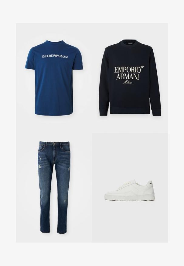 Tamsiai mėlynas džemperis su ilgomis rankovėmis, apvalia iškirpte ir lygia audinio tekstūra. Priekyje yra baltas „EMPORIO ARMANI“ ir „Milano“ logotipas.; Tamsiai mėlyna medvilninė marškinėliai su apvalia kaklo linija, per krūtinę esantis baltas "EMPORIO ARMANI" logotipas. Trumpi rankovės, reguliariai prigludimas.; Tamsiai mėlyni džinsai, lieso sijono, šiek tiek nudėvėti šlaunų ir kelių srityse, klasikinis penkių kišenių dizainas ir mygtuko uždarymas.; Balti odiniai sportiniai bateliai su lygia apdaila, apvaliu pirštu, plokščiais raišteliais ir tekstūruotu padu. Pasižymi subtiliu logotipu ant kulno.