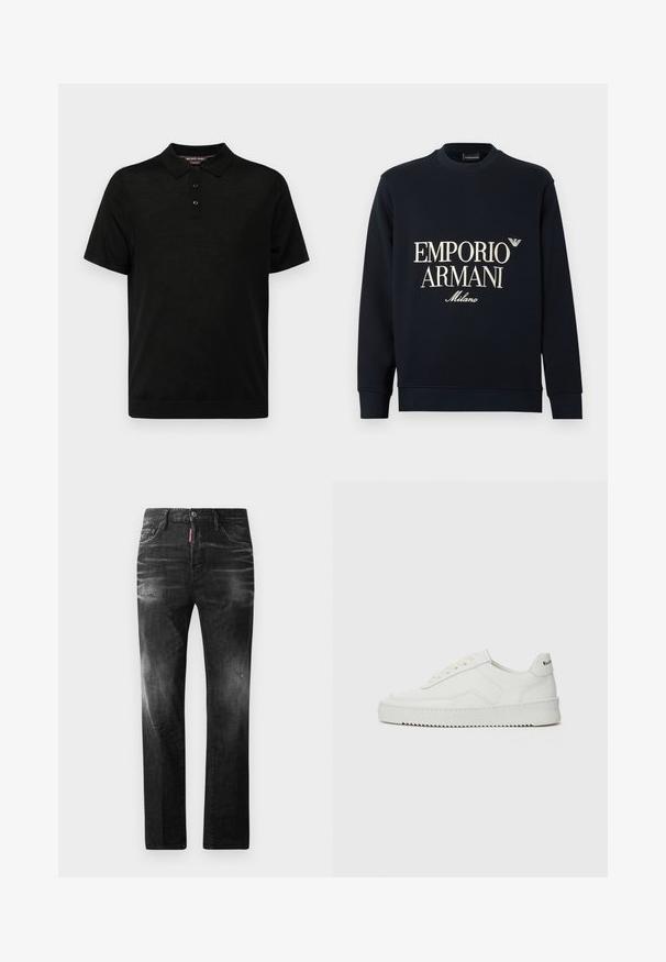 Tamsiai mėlynas džemperis su ilgomis rankovėmis, apvalia iškirpte ir lygia audinio tekstūra. Priekyje yra baltas „EMPORIO ARMANI“ ir „Milano“ logotipas.; Juodas trumpa rankovė polo marškinėliai, pagaminti iš lygios medžiagos, su klasikiniu apykakle, trijų mygtukų užsegimu ir prigludusia siluetu.; Juodi džinsai su tiesiu kirpimu. Spalvoti svyrantys plotai, šiek tiek sugadinti, klasikinis penkių kišenių dizainas ir mygtuko uždarymas.; Balti odiniai sportiniai bateliai su lygia apdaila, apvaliu pirštu, plokščiais raišteliais ir tekstūruotu padu. Pasižymi subtiliu logotipu ant kulno.