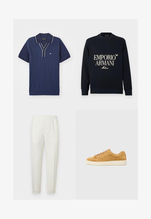 Tengerészkék pulóver hosszú ujjakkal, kerek nyakkivágással és sima anyagtextúrával. Elöl fehér "EMPORIO ARMANI" és "Milano" logóval.; Tengerészkék póló, pamutból készült, ellentétes fehér díszítéssel a galléron és a gombolónyélen, bal mellen egy kis logóval.; Fehér, karcsúsított nadrág elasztikus derékpánthoz, két oldalzsebbel és sima, enyhén fényes anyaggal.; Barna velúr sportcipő alacsony profillal, kerek orral és fűzős előlappal. Krémszínű gumitalp, finom textúrával és minimális részletezéssel.