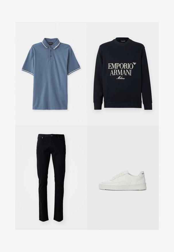 Tmavě modrá mikina s dlouhými rukávy, kulatým výstřihem a hladkou texturou látky. Na přední straně je bílý nápis "EMPORIO ARMANI" a logo "Milano".; Modrá polo tričko vyrobené z jemné bavlny, s klasickým límečkem, třemi knoflíky a kontrastním bílým lemováním na límečku a rukávech.; Černé bavlněné kalhoty s úzkým střihem, se zapínáním na knoflík, poutky na pás, předními kapsami a hladkým povrchem.; Bílé kožené tenisky s hladkým povrchem, kulatou špičkou, plochými tkaničkami a texturovanou podrážkou. Na patě se nachází nenápadné logo.