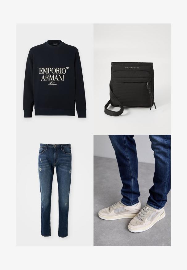 Sudadera azul marino con mangas largas, cuello redondo y textura de tela suave. Presenta el logo blanco "EMPORIO ARMANI" y "Milano" en la parte delantera.; Jeans de mezclilla azul oscuro con corte ajustado, ligero desgaste en los muslos y las rodillas, diseño clásico de cinco bolsillos y cierre de botón.; Zapatillas beige con acentos de malla y ante, que presentan punteras perforadas, cordones planos y una suela blanca. Combinadas con jeans de color azul oscuro.; Bolso bandolera negro de Emporio Armani con bolsillo frontal con cremallera, correa ajustable y detalle de logo en tejido texturizado.