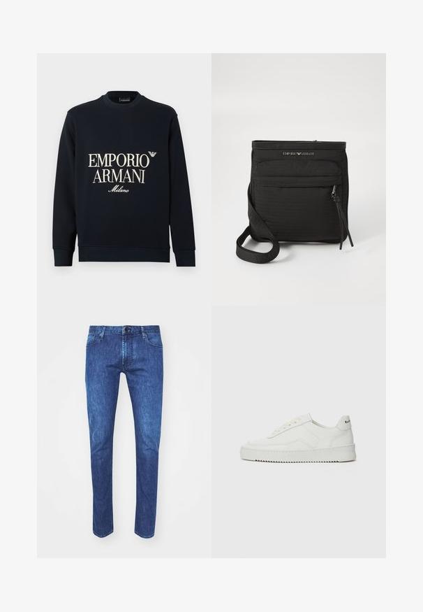 Sweatshirt azul-marinho de mangas compridas, com gola redonda e textura de tecido suave. Apresenta o logótipo branco "EMPORIO ARMANI" e "Milano" na frente.; Jeans de ganga azuis com um corte reto, fecho de botão, cinco bolsos e costuras em contraste. O tecido apresenta um tom lavado médio com um leve desgaste.; Sapatilha de couro branco com acabamento suave, bico redondo, atacadores planos e uma sola texturizada. Apresenta um logotipo discreto no calcanhar.; Mala transversal preta da Emporio Armani com bolso frontal com fecho, alça ajustável e detalhe do logótipo em tecido texturizado.