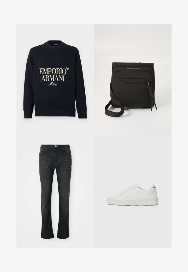 Tamsiai mėlynas džemperis su ilgomis rankovėmis, apvalia iškirpte ir lygia audinio tekstūra. Priekyje yra baltas „EMPORIO ARMANI“ ir „Milano“ logotipas.; Juodos džinsinės kelnės su tiesiu kirpimu, turinčios priekinius mygtuką, penkias kišenes ir subtilų blukimą ant šlaunų.; Balti odiniai sportiniai bateliai su lygia apdaila, apvaliu pirštu, plokščiais raišteliais ir tekstūruotu padu. Pasižymi subtiliu logotipu ant kulno.; Juodas „Emporio Armani“ per petį nešiojamas krepšys su priekinės užtrauktuko kišenės, reguliuojamu dirželiu ir logotipo detale ant struktūrinio audinio.