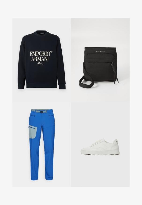 Marineblå sweatshirt med lange ermer, rund hals og en glatt stofftekstur. Har hvit "EMPORIO ARMANI" og "Milano" logo på forsiden.; Blå utebukser med lysegrå detalj-lomme, utstyrt med glidelåslommer, justerbar midje og smale ben.; Hvite lærersneakers med en jevn overflate, rund tå, flate lisser og en teksturert såle. Har en subtil logo på hælen.; Svart Emporio Armani crossover-veske med frontlomme med glidelås, justerbar stropp og logo-detalj på teksturert stoff.