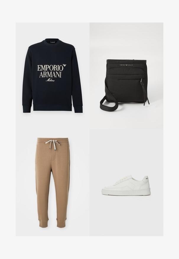 Marineblauer Pullover mit langen Ärmeln, Rundhalsausschnitt und glatter Stoffstruktur. Auf der Vorderseite befindet sich das weiße Logo „EMPORIO ARMANI“ und „Milano“.; Hellbraune Jogginghosen mit elastischem Bund, weißen und braunen Zugbändern, seitlichen Taschen und Bündchen an den Knöcheln auf weißem Hintergrund.; Weiße Ledersneaker mit glatter Oberfläche, runder Zehenpartie, flachen Schnürsenkeln und strukturiertem Sohlenprofil. Mit einem dezenten Logo an der Ferse.; Schwarze Emporio Armani Umhngetasche mit vorderer Reißverschlusstasche, verstellbarem Trageriemen und Logodetail auf strukturiertem Stoff.