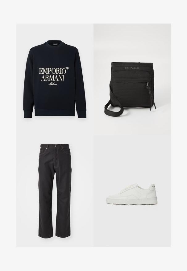 Navy sweatshirt with long sleeves, crew neck, and a smooth fabric texture. Features white "EMPORIO ARMANI" and "Milano" logo on the front.; Black denim jeans with a straight-leg fit, featuring contrasting orange stitching, five-pocket design, and a classic button closure.; White leather sneaker with a smooth finish, round toe, flat laces, and a textured sole. Features a subtle logo on the heel.; Black Emporio Armani crossbody bag with front zipper pocket, adjustable strap, and logo detail on textured fabric.