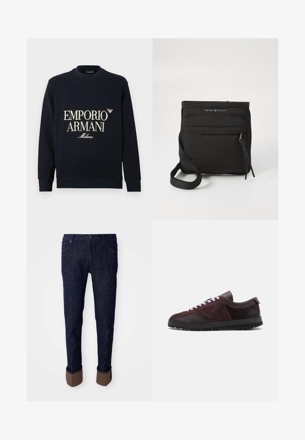 Tmavě modrá mikina s dlouhými rukávy, kulatým výstřihem a hladkou texturou látky. Na přední straně je bílý nápis "EMPORIO ARMANI" a logo "Milano".; Tmavě modré džíny s rovnými nohavicemi, s ohrnutými lemy z texturovaného hnědého materiálu s logem. Klasický design s pěti kapsami.; Paul Smith ZEPHYR - Tenisky - purple; Černá crossbody taška Emporio Armani s přední zipovou kapsou, nastavitelným popruhem a logem na texturované tkanině.