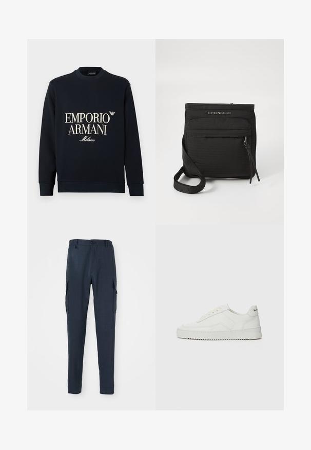 Sweatshirt azul-marinho de mangas compridas, com gola redonda e textura de tecido suave. Apresenta o logótipo branco "EMPORIO ARMANI" e "Milano" na frente.; Calças de carga azul-marinho com um tecido texturizado, corte slim, fecho de botão na cintura e bolsos laterais para maior funcionalidade.; Sapatilha de couro branco com acabamento suave, bico redondo, atacadores planos e uma sola texturizada. Apresenta um logotipo discreto no calcanhar.; Mala transversal preta da Emporio Armani com bolso frontal com fecho, alça ajustável e detalhe do logótipo em tecido texturizado.