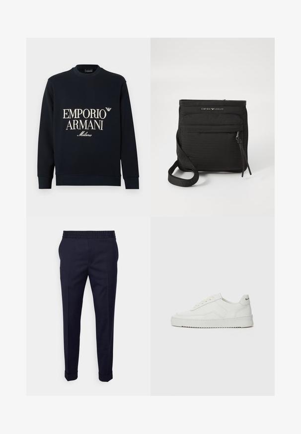 Tmavě modrá mikina s dlouhými rukávy, kulatým výstřihem a hladkou texturou látky. Na přední straně je bílý nápis "EMPORIO ARMANI" a logo "Milano".; Námořnické modré kalhoty se hladkou texturou, s elastickým pasem a ohrnutými manžetami, navržené s tapered střihem a bočními kapsami.; Bílé kožené tenisky s hladkým povrchem, kulatou špičkou, plochými tkaničkami a texturovanou podrážkou. Na patě se nachází nenápadné logo.; Černá crossbody taška Emporio Armani s přední zipovou kapsou, nastavitelným popruhem a logem na texturované tkanině.