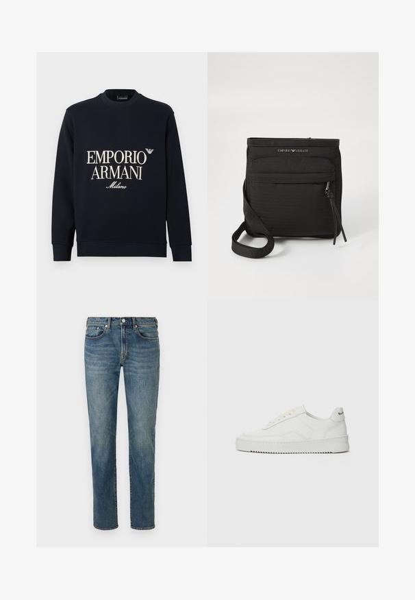 Teget majica s dugim rukavima, okruglim izrezom i glatkom teksturom tkanine. Na prednjoj strani bijeli logo "EMPORIO ARMANI" i "Milano".; Plave traperice ravnog kroja, s prednjim kopčanjem na dugme, stilom s pet džepova i suptilnim izblijeđenjem duž bedara.; Bijele kožne tenisice s glatkom površinom, okruglim vrhom, ravnim vezicama i teksturiranom potplatom. Imaju suptilan logo na peti.; Crna Emporio Armani torba preko ramena s prednjim džepom na patent, podesivim remenom i logotipom na teksturiranom materijalu.