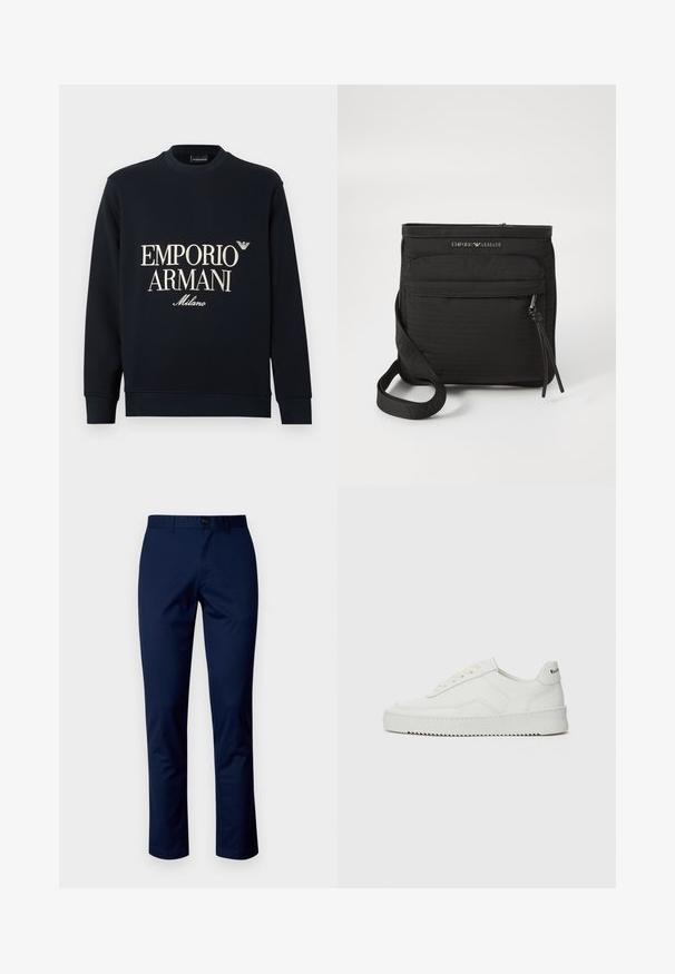 Tamsiai mėlynas džemperis su ilgomis rankovėmis, apvalia iškirpte ir lygia audinio tekstūra. Priekyje yra baltas „EMPORIO ARMANI“ ir „Milano“ logotipas.; Tamsiai mėlynos medvilninės kelnės su tiesiomis kojomis, turi priekinį mygtuko uždarymą, diržo kilpeles ir švarias siūles. Lygus tekstūros paviršius be raštų.; Balti odiniai sportiniai bateliai su lygia apdaila, apvaliu pirštu, plokščiais raišteliais ir tekstūruotu padu. Pasižymi subtiliu logotipu ant kulno.; Juodas „Emporio Armani“ per petį nešiojamas krepšys su priekinės užtrauktuko kišenės, reguliuojamu dirželiu ir logotipo detale ant struktūrinio audinio.