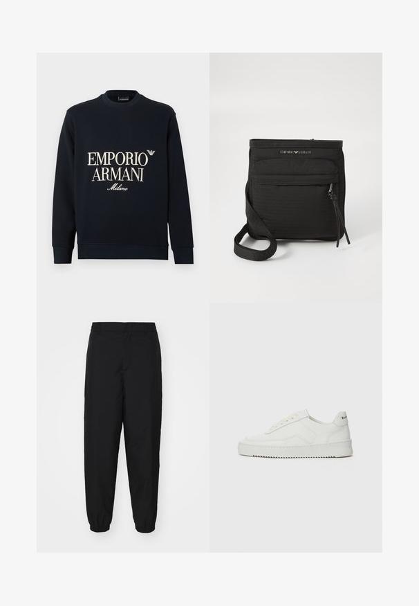 Sweatshirt azul-marinho de mangas compridas, com gola redonda e textura de tecido suave. Apresenta o logótipo branco "EMPORIO ARMANI" e "Milano" na frente.; Calças leves pretas com um acabamento texturizado, punhos elásticos e um ajuste descontraído. Apresentam um cós liso e detalhes de costura discretos.; Sapatilha de couro branco com acabamento suave, bico redondo, atacadores planos e uma sola texturizada. Apresenta um logotipo discreto no calcanhar.; Mala transversal preta da Emporio Armani com bolso frontal com fecho, alça ajustável e detalhe do logótipo em tecido texturizado.