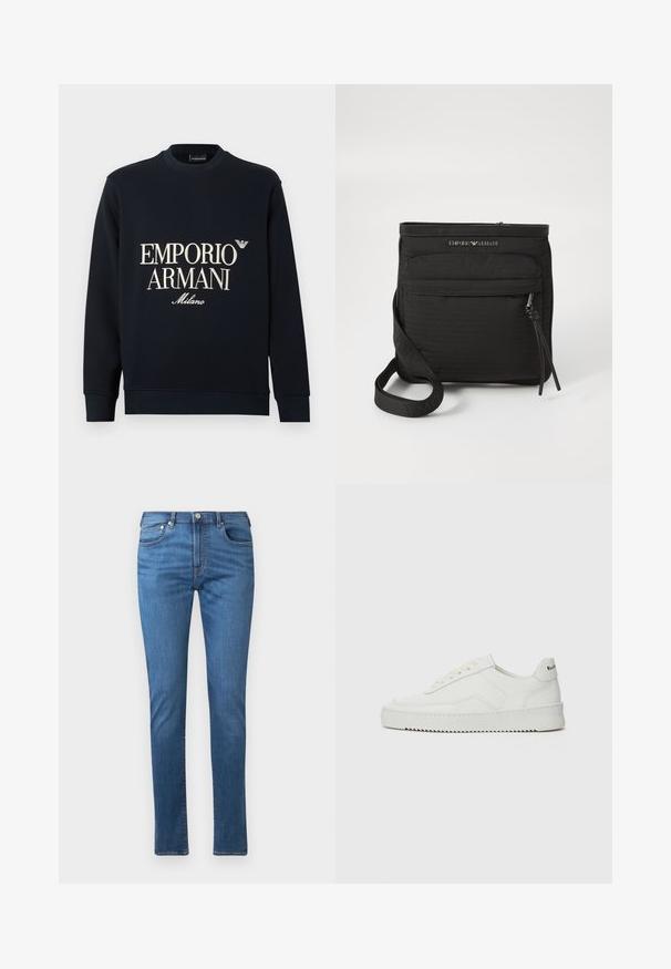 Temno modra majica z dolgimi rokavi, okroglim izrezom in gladko teksturo tkanine. Na sprednji strani sta bel napis "EMPORIO ARMANI" in logotip "Milano".; Modri kavbojke z ravnim krojem, petimi žepi in gumbom za zapiranje. Tkanina ima gladko teksturo in subtilne podrobnosti bledenja.; Bela usnjena športna obutev z gladko površino, okroglo prst, ravne vezalke in teksturiran podplat. Ima diskretno logo na peti.; Črna torba Emporio Armani s prečko čez telo, sprednjim žepom z zadrgo, nastavljivim trakom in detajlom logotipa na strukturirani tkanini.