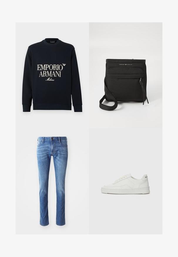 Tamsiai mėlynas džemperis su ilgomis rankovėmis, apvalia iškirpte ir lygia audinio tekstūra. Priekyje yra baltas „EMPORIO ARMANI“ ir „Milano“ logotipas.; Šviesiai mėlyni džinsai su tiesia kojų forma, turintys tradicinį penkių kišenių dizainą ir švelnų blukimą link kelių.; Balti odiniai sportiniai bateliai su lygia apdaila, apvaliu pirštu, plokščiais raišteliais ir tekstūruotu padu. Pasižymi subtiliu logotipu ant kulno.; Juodas „Emporio Armani“ per petį nešiojamas krepšys su priekinės užtrauktuko kišenės, reguliuojamu dirželiu ir logotipo detale ant struktūrinio audinio.