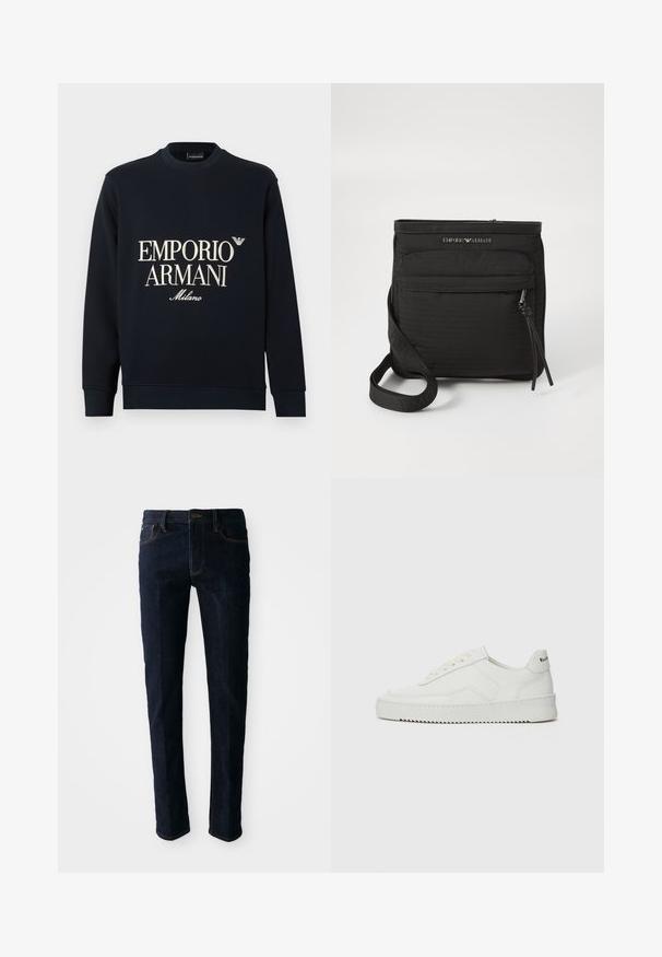 Sweatshirt azul-marinho de mangas compridas, com gola redonda e textura de tecido suave. Apresenta o logótipo branco "EMPORIO ARMANI" e "Milano" na frente.; Jeans de denim azul escuro com um design de perna reta, estilo de cinco bolsos, pespontos laranja em contraste e fecho de botão na cintura.; Sapatilha de couro branco com acabamento suave, bico redondo, atacadores planos e uma sola texturizada. Apresenta um logotipo discreto no calcanhar.; Mala transversal preta da Emporio Armani com bolso frontal com fecho, alça ajustável e detalhe do logótipo em tecido texturizado.