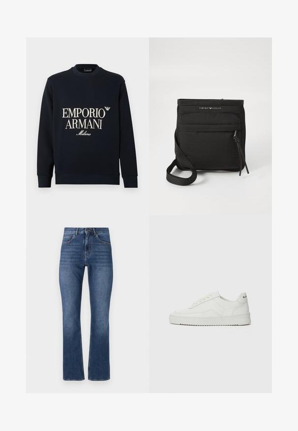 Marineblå sweatshirt med lange ermer, rund hals og en glatt stofftekstur. Har hvit "EMPORIO ARMANI" og "Milano" logo på forsiden.; Blå denimjeans med rette ben, med standard lommer og en sydd midje, viser en middels vask og subtile slitasjer.; Hvite lærersneakers med en jevn overflate, rund tå, flate lisser og en teksturert såle. Har en subtil logo på hælen.; Svart Emporio Armani crossover-veske med frontlomme med glidelås, justerbar stropp og logo-detalj på teksturert stoff.