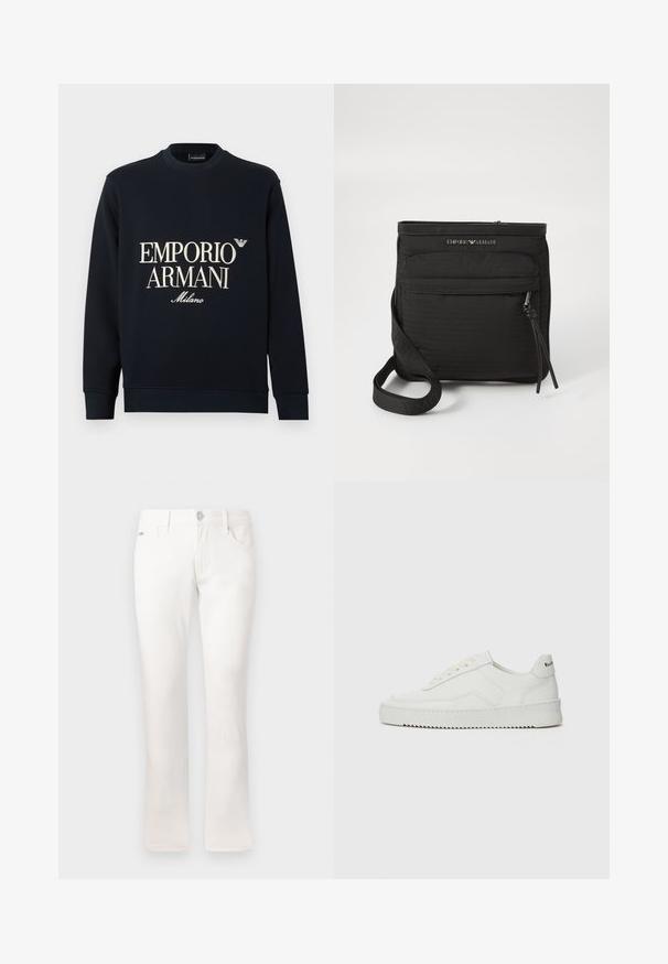 Teget majica s dugim rukavima, okruglim izrezom i glatkom teksturom tkanine. Na prednjoj strani bijeli logo "EMPORIO ARMANI" i "Milano".; Bijele traperice slim kroja, izrađene od pamučne tkanine. Imaju pet džepova, zatvaranje na metalnu dugmad i suptilne detalje šivanja.; Bijele kožne tenisice s glatkom površinom, okruglim vrhom, ravnim vezicama i teksturiranom potplatom. Imaju suptilan logo na peti.; Crna Emporio Armani torba preko ramena s prednjim džepom na patent, podesivim remenom i logotipom na teksturiranom materijalu.