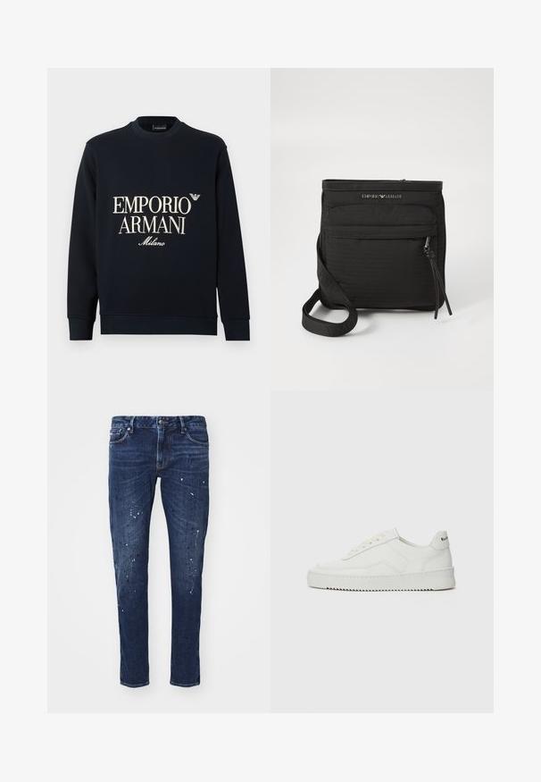 Temno modra majica z dolgimi rokavi, okroglim izrezom in gladko teksturo tkanine. Na sprednji strani sta bel napis "EMPORIO ARMANI" in logotip "Milano".; Temno modri kavbojki s slim fit krojem, ki imajo barvne kapljice, vidne šive in standardno zasnovo s petimi žepi. Naravnost krojen hlačnic.; Bela usnjena športna obutev z gladko površino, okroglo prst, ravne vezalke in teksturiran podplat. Ima diskretno logo na peti.; Črna torba Emporio Armani s prečko čez telo, sprednjim žepom z zadrgo, nastavljivim trakom in detajlom logotipa na strukturirani tkanini.