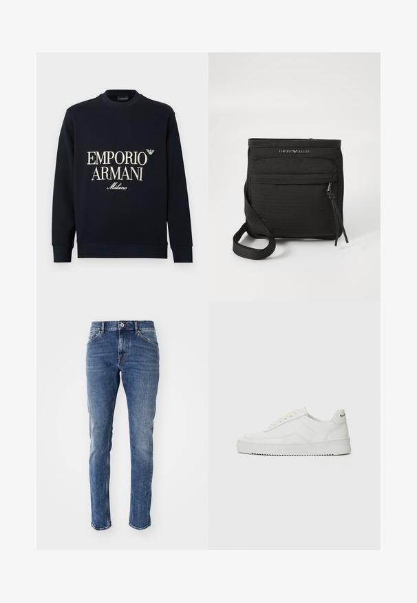 Teget majica s dugim rukavima, okruglim izrezom i glatkom teksturom tkanine. Na prednjoj strani bijeli logo "EMPORIO ARMANI" i "Milano".; Tamno plave traperice ravnog kroja, s izbljeđenim detaljima, dizajnom s pet džepova i srebrnim metalnim dijelovima na pojasu.; Bijele kožne tenisice s glatkom površinom, okruglim vrhom, ravnim vezicama i teksturiranom potplatom. Imaju suptilan logo na peti.; Crna Emporio Armani torba preko ramena s prednjim džepom na patent, podesivim remenom i logotipom na teksturiranom materijalu.