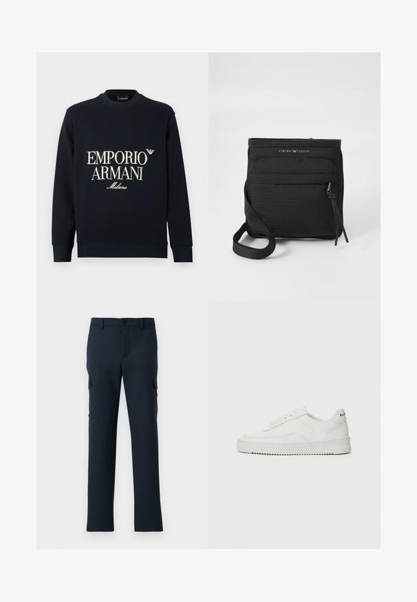 Tamsiai mėlynas džemperis su ilgomis rankovėmis, apvalia iškirpte ir lygia audinio tekstūra. Priekyje yra baltas „EMPORIO ARMANI“ ir „Milano“ logotipas.; Tamsiai mėlynos krovinių kelnės, pagamintos iš lygios medžiagos, su šoninėmis kišenėmis, priekiu su mygtukų uždarymu ir tiesaus fasono.; Balti odiniai sportiniai bateliai su lygia apdaila, apvaliu pirštu, plokščiais raišteliais ir tekstūruotu padu. Pasižymi subtiliu logotipu ant kulno.; Juodas „Emporio Armani“ per petį nešiojamas krepšys su priekinės užtrauktuko kišenės, reguliuojamu dirželiu ir logotipo detale ant struktūrinio audinio.