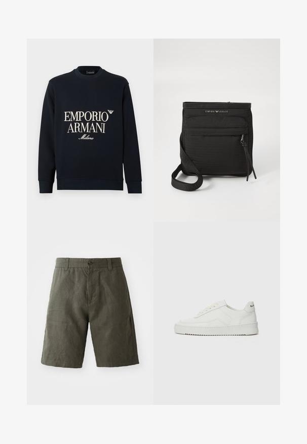 Sudadera azul marino con mangas largas, cuello redondo y textura de tela suave. Presenta el logo blanco "EMPORIO ARMANI" y "Milano" en la parte delantera.; Bermudas de lino verde oscuro con cierre de botón y trabillas para cinturón, con un corte recto y textura suave.; Zapatilla de cuero blanca con un acabado suave, puntera redonda, cordones planos y suela texturizada. Cuenta con un sutil logo en el talón.; Bolso bandolera negro de Emporio Armani con bolsillo frontal con cremallera, correa ajustable y detalle de logo en tejido texturizado.