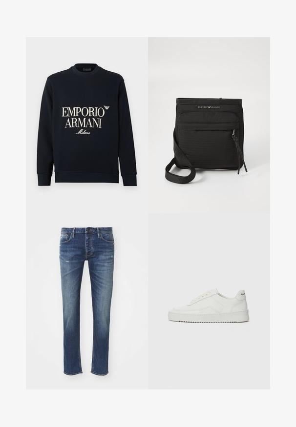 Sweatshirt azul-marinho de mangas compridas, com gola redonda e textura de tecido suave. Apresenta o logótipo branco "EMPORIO ARMANI" e "Milano" na frente.; Jeans de denim azul escuro com um corte reto, apresentando um leve desgaste, design padrão de cinco bolsos e costura em contraste.; Sapatilha de couro branco com acabamento suave, bico redondo, atacadores planos e uma sola texturizada. Apresenta um logotipo discreto no calcanhar.; Mala transversal preta da Emporio Armani com bolso frontal com fecho, alça ajustável e detalhe do logótipo em tecido texturizado.