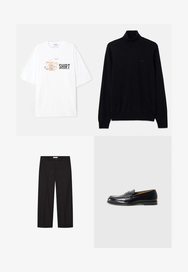 Pulover senza gât de culoare neagră, confecționat dintr-un material tricotat moale, cu mânici lungi și manșete și tiv dublat. Detaliu subtil cu logo de culoare neagră pe piept.; Tricou alb supradimensionat, cu un grafic colorat al unei cești de ceai și detalii florale, având cuvântul "TRICOU" scris cu litere negre îndrăznețe dedesubt.; Pantaloni largi negri din țesătură netedă. Au închidere cu nasture și fermoar, două buzunare frontale și un finisaj curat la tiv.; Loafers din piele negri cu un finisaj neted, vârf rotunjit, cusături decorative și un mic accent metalic în față.