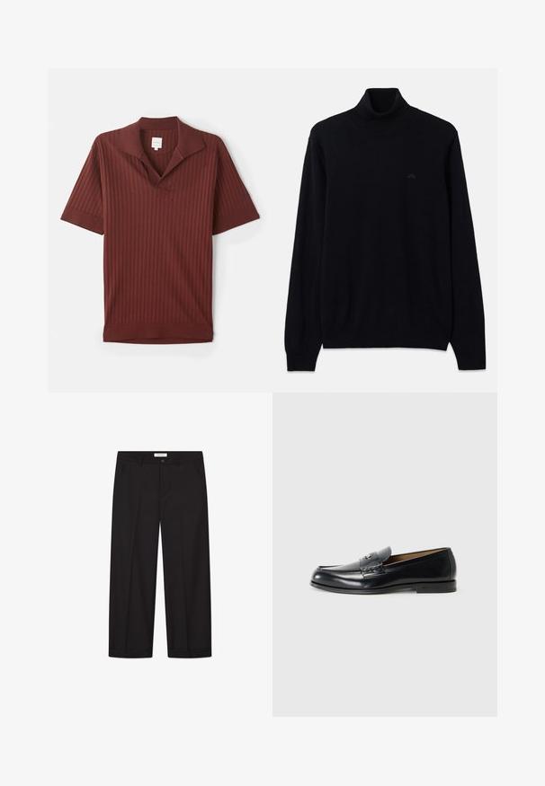 Schwarzer Rollkragensweater aus weichem Strickstoff, mit langen Ärmeln und gerippten Bündchen und Saum. Dezentes Logo in Schwarz auf der Brust.; Bordeauxfarbendes Poloshirt mit gerippter Textur, kurzen Ärmeln, einem spitzen Kragen und einem kleinen blauen Logo-Akzent auf dem linken Ärmel.; Schwarze Weite Hosen aus glattem Stoff. Besitzt einen Knopf- und Reißverschluss, zwei Fronttaschen und einen sauberen Saumabschluss.; Schwarze Ledermokassins mit glatter Oberfläche, runder Zehenform, dekorativer Naht und einem kleinen Metallelement an der Vorderseite.