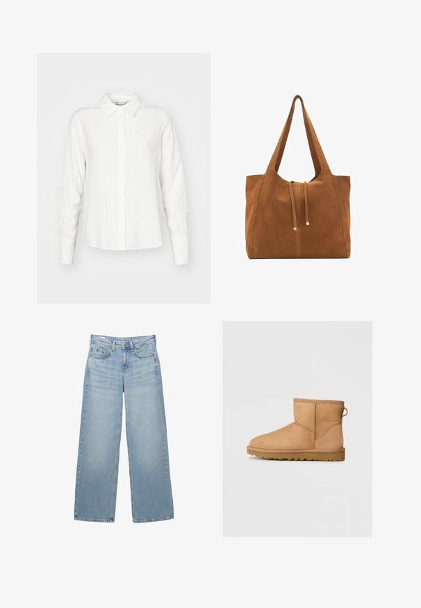 Cremegennert striktrøje med stort amerikansk flagdesign og "RL" initialer strikket på forsiden, rund hals og ribbestrikkede manchetter og kant.; Hvid, langærmet skjorte med knaplukning og krave, lavet af glat stof; har en lige pasform og diskret struktur.; Lyseblå denim bukser med vide ben og høj talje, fem lommer og diskret slid, med en metalknap og bæltestropper.; Brune suede ankelstøvle med rund tå, stikninger, en pull tab bagpå og en tekstureret gummisål. Designet til komfort og varme.; Brun ruskinds-tote med to lange stropper, snørelukning og minimalistisk design. Glat tekstur og ingen synlige hardware-detaljer.