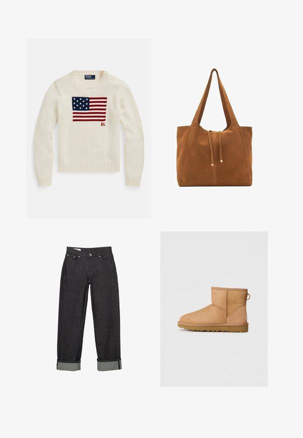 Kremasta pletena majica z velikim motivom ameriške zastave in izvezenima inicialkama "RL" na sprednji strani, z okroglim izrezom ter rebrastimi manšetami in spodnjim robom.; Bela bombažna majica s kratkimi rokavi, krožnim izrezom in sproščenim prileganjem. Material se zdi gladek brez vidnih vzorcev ali grafik.; Črne kavbojke iz denima z ohlapnim krojem, s prevrtnjenimi robovi in kontrastno notranjo manšeto. Metalni gumb in nitni detajli kot strojni elementi.; Rjav nubuk čevlj z gležnjem s okroglo konico, šivanjem, zanko za pomoč pri oblačenju na hrbtni strani in teksturiranim gumijastim podplatom. Zasnovan za udobje in toplino.; Rjava semiš torba z dvema dolgima ročajema, z vrvico za zapiranje in minimalističnim dizajnom. Gladka tekstura in brez vidnih kovinskih dodatkov.