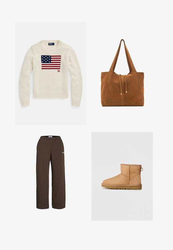 Krämfärgad stickad tröja med en stor amerikansk flaggdesign och "RL" initialer stickade framtill, rund halsringning samt ribbstickade muddar och fåll.; Vit bomullströja med korta ärmar, rundad halsringning och en avslappnad passform. Materialet verkar slätt utan synliga mönster eller tryck.; Bruna mjukisbyxor med elastiskt midjeband, med en rak bendesign. Tillverkade i mjukt material med en liten vit logodetalj.; Tan mockasinfärgad ankelbotten med rund tå, sydda detaljer, dragflik på baksidan och ett strukturerat gummisul. Designad för komfort och värme.; Brun mockaläders toteväska med två långa remmar, dragsko-stängning och minimalistisk design. Slät textur och inga synliga metallaccenter.