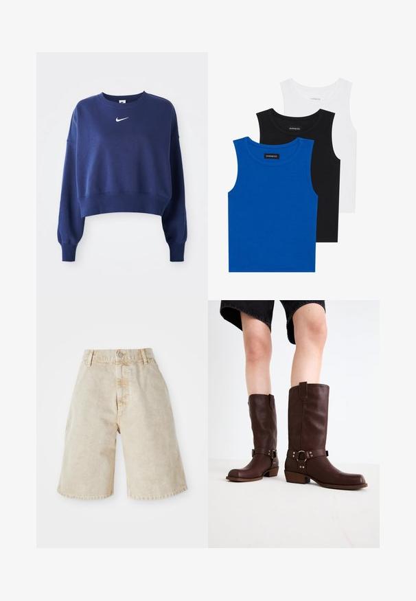 Námorníckomodrý skrátený sveter vyrobený z mäkkej látky, s okrúhlym výstrihom, dlhými rukávmi a bielym logom Nike na hrudi.; Tričko bez rukávov v modrej, čiernej a bielej farbe. Materiál je rebrovaný s okrúhlym výstrihom. Každé tričko má štítok s označením „even&odd.“; Bežové deninové šortky s vysokým pásom, zapínaním na gombík a prednými vreckami. Majú uvoľnený, voľný strih a mierne oškreté okraje. ; Hnedé kožené vysoké čižmy s okrúhlou špičkou, štruktúrovaným povrchom, opaskom okolo členka a detailmi zo strieborného kovu; s vysokým podpätkom.