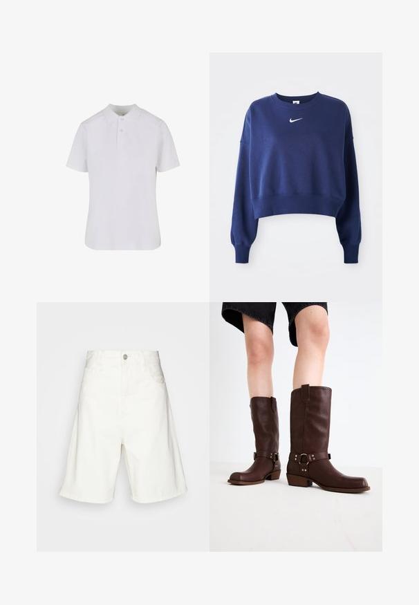 Marineblaue, verkürzte Sweatshirt aus weichem Stoff mit Rundhalsausschnitt, langen Ärmeln und einem weißen Nike-Logo auf der Brust.; Weißes kurzärmeliges Poloshirt aus Baumwolle. Verfügt über einen Kragen, eine Dreiknopf-Leiste und verstärkte Nähte. Glatte Textur.; Weiße Jeansshorts mit hoher Taille, ausgestattet mit einem vorderen Knopfverschluss, zwei seitlichen Taschen und einem lockeren Schnitt. Glatte Textur ohne sichtbare Muster.; Braune kniehohe Stiefel aus Leder mit runder Zehenform, strukturiertem Obermaterial, Knöchelriemen und silbernen Hardware-Details; mit gestapeltem Absatz.
