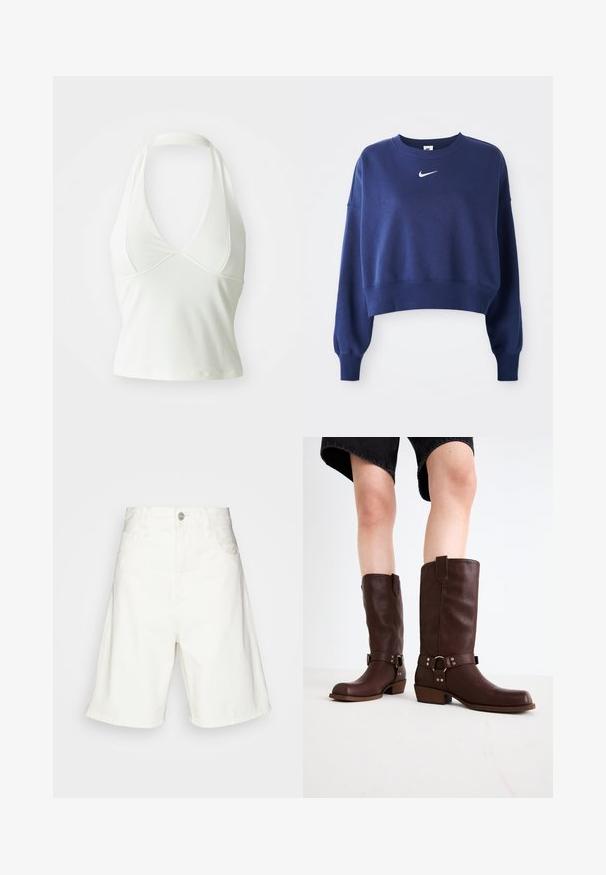 Temno modra skrajšana trenirka iz mehkega materiala, z okroglim ovratnikom, dolgimi rokavi in belim logotipom Nike na prsih.; Bela top s halter ovratnikom in globokim V-izrezom, izdelan iz gladkega, elastičnega materiala. Ima prilegajoč dizajn in krajšega kroja.; Bele denim kratke hlače z visokim pasom, ki imajo sprednji gumb, dva stranska žepa in sproščen kroj. Gladka tekstura brez vidnih vzorcev.; Rjave usnjene čizme do kolen s zaobljenim nosom, teksturirano površino, trakovi okoli gležnja in srebrni detajli; zasnovane s steknjenim peto.
