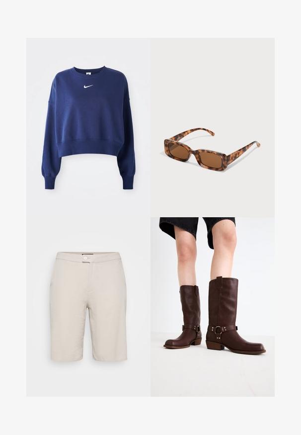 Mornarije plavi skraćeni dukserica od mekog materijala, s okruglim izrezom, dugim rukavima i bijelim Nike logotipom na grudima.; Bež pamuk kratke hlače s kopčanjem na dugme, dva bočna džepa i ravni kroj. Imaju glatku teksturu i jednostavan dizajn.; Smeđe kožne čizme do koljena s okruglim vrhom, teksturiranom površinom, remenom oko gležnja i detaljima od srebrnog hardvera; s naboranim potplatom.; Naočale u obliku tortoiseshella s pravokutnim smeškim lećama, debelim okvirom i tankim nogicama koje imaju uzorak od različitih nijansi smeđe boje.