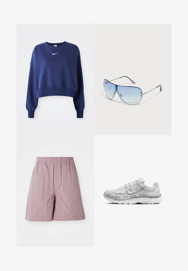 Marineblå avkortet sweatshirt laget av myk stoff, med rund hals, lange ermer og en hvit Nike-logo på brystet.; Lys rosa shorts laget av teksturert stoff med elastisk midje og rett snitt. Har et subtilt mønster og rene kanter.; Lys grå sportsko med overdel i mesh og syntetisk materiale, med snøring, polstret krave og strukturert såle for grep.; Pilotbriller med gradient blå linse, sølvfarget metallramme og dekorative stjerneaksenter på linsen. Glatt og stilren design.