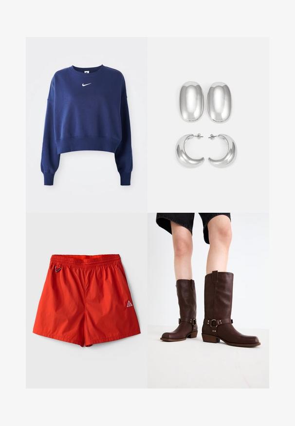 Sudadera corta azul marino hecha de un tejido suave, con cuello redondo, mangas largas y un logo blanco de Nike en el pecho.; Bañador ligero rojo con cintura elástica, cordón integrado y un pequeño logotipo en la esquina inferior derecha.; Botas de cuero marrón hasta la rodilla con punta redonda, superficie texturizada, correa en el tobillo y detalles de hardware plateado; tacón apilado.; Conjunto de aretes de color plateado: dos pendientes ovalados y dos aros en forma de media luna, con un acabado brillante y suave y un diseño redondeado.